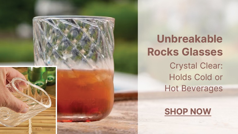 Unbreakable Rocks Glass Crystal Clear: Holds Cold or Hot Beverages Shop Now - Unbreakable Rocks Glass on display with demo of glass flexing